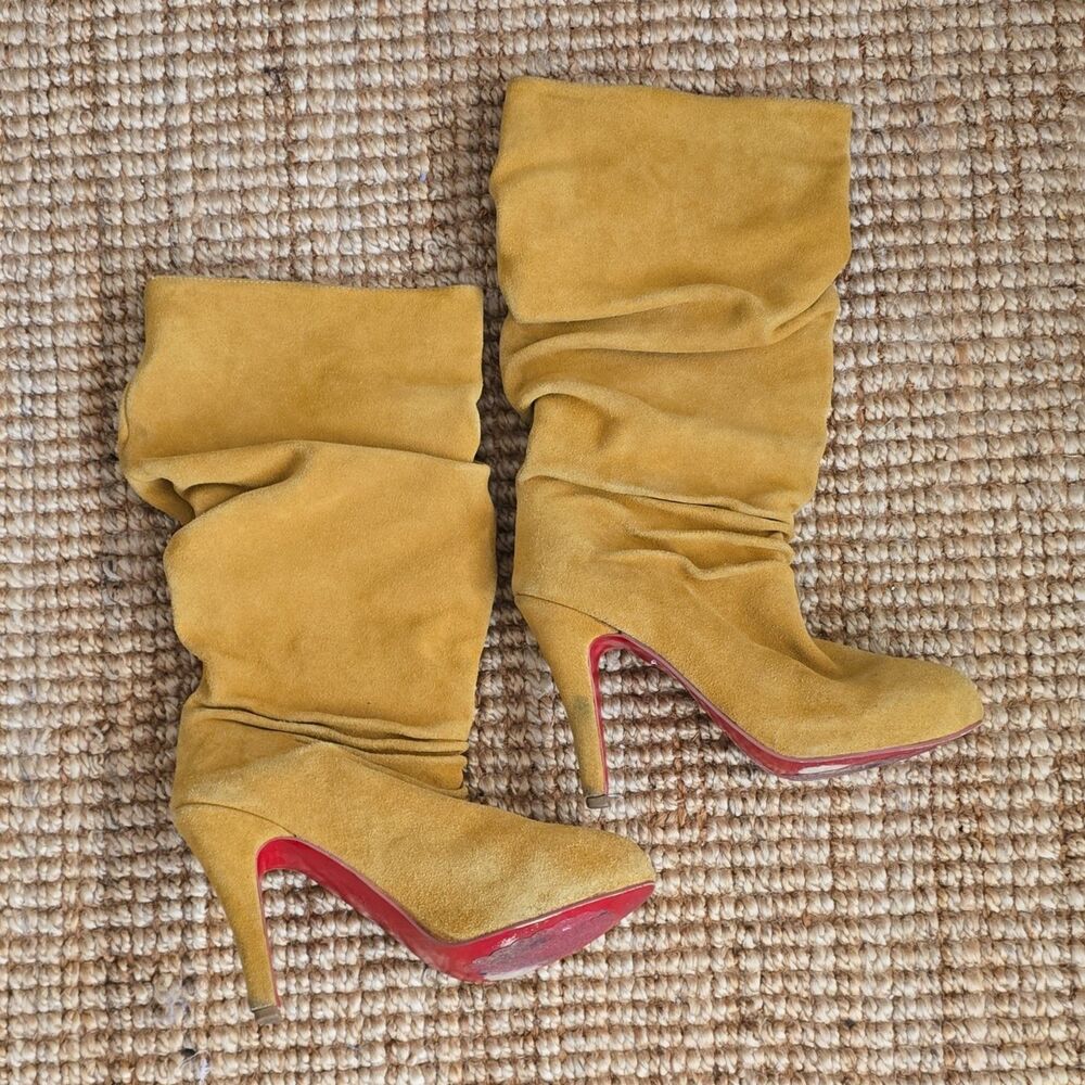 CHRISTIAN LOUBOUTIN Yellow Suede Mid-Calf Ruched Stiletto Round Toe Boots 38